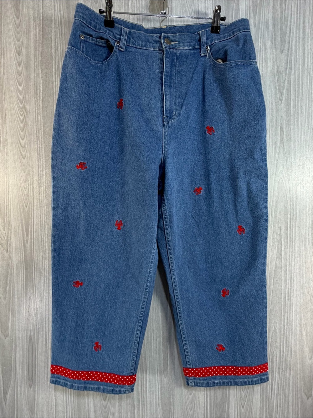 Vtg Quacker Factory High Rise Crop Ankle Jeans Sz 14 Embroider Lobster Nautical